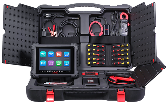 Kit completo Autel MaxiSYS MS909 CV con tableta, interfaz VCI, multímetro, pinzas de amperaje, cables OBD y estuche rígido organizado para taller profesional.