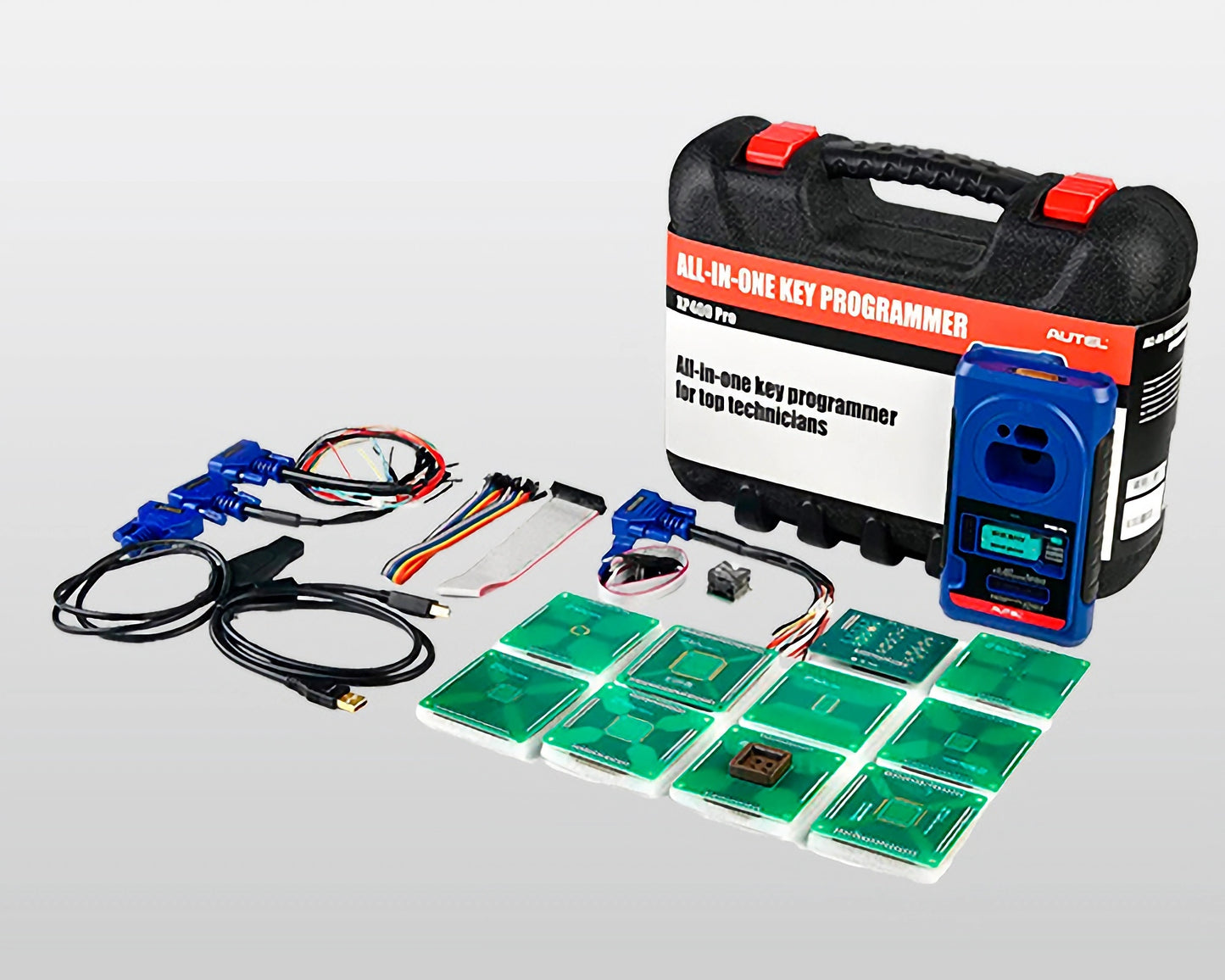 Programador Autel XP400 PRO con cables, módulos y accesorios para IMMO, EEPROM y MCU, ideal para diagnóstico y programación de llaves.