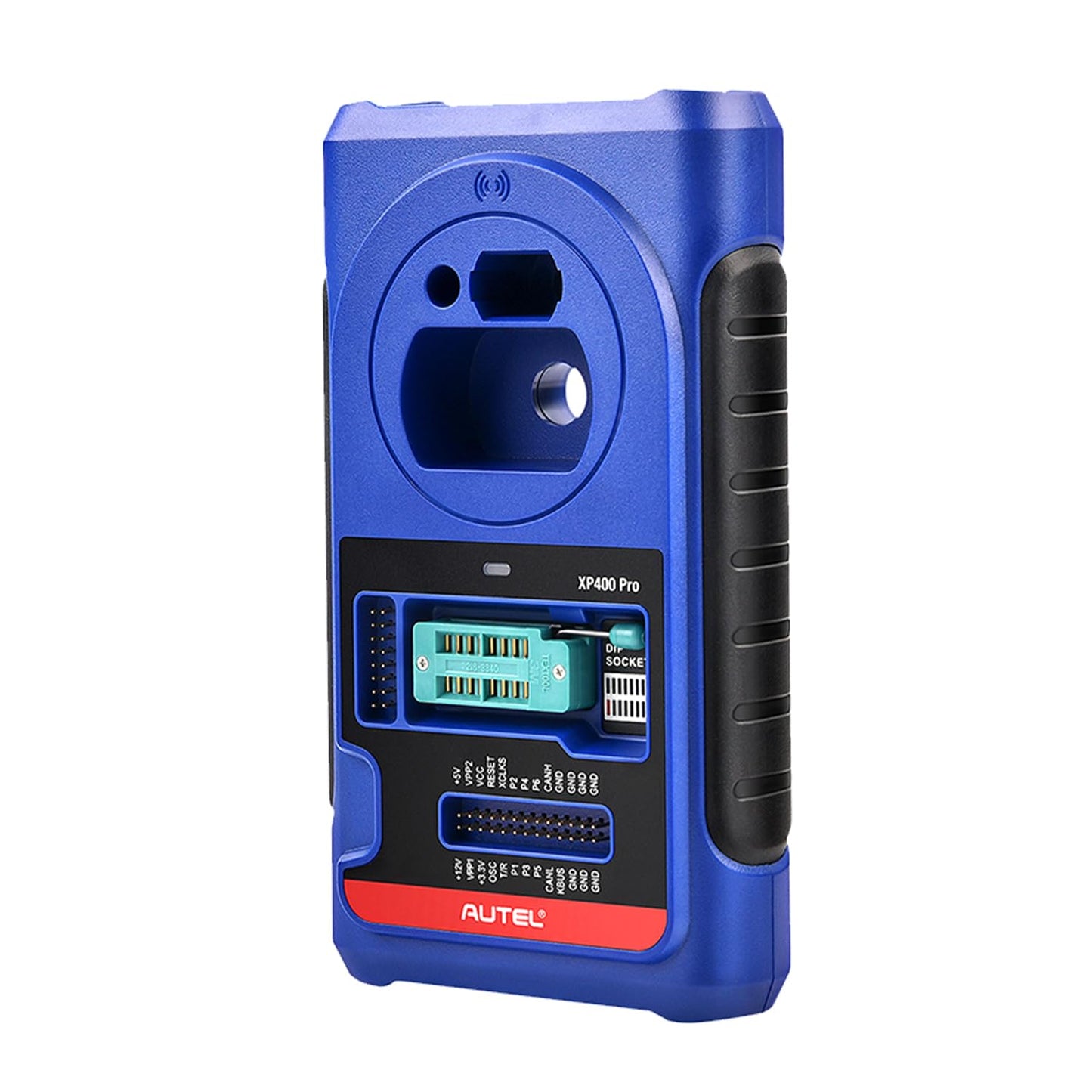 Vista lateral del programador Autel XP400 PRO con ranuras para transponder, conector DB26 y diseño robusto para trabajo en taller.