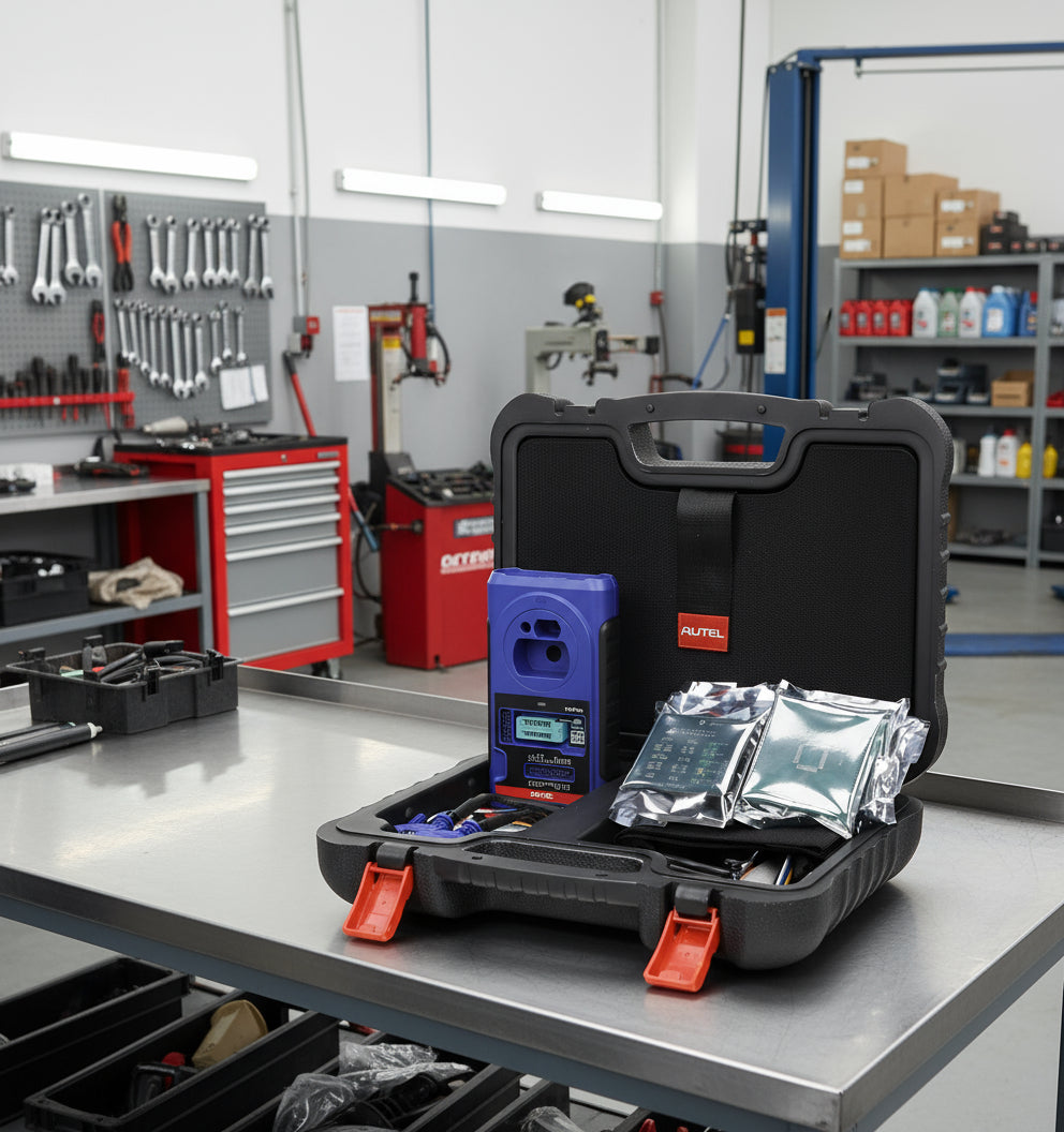 Autel XP400 PRO en estuche profesional con adaptadores y conectores para programación de llaves, EEPROM y MCU desde banco.