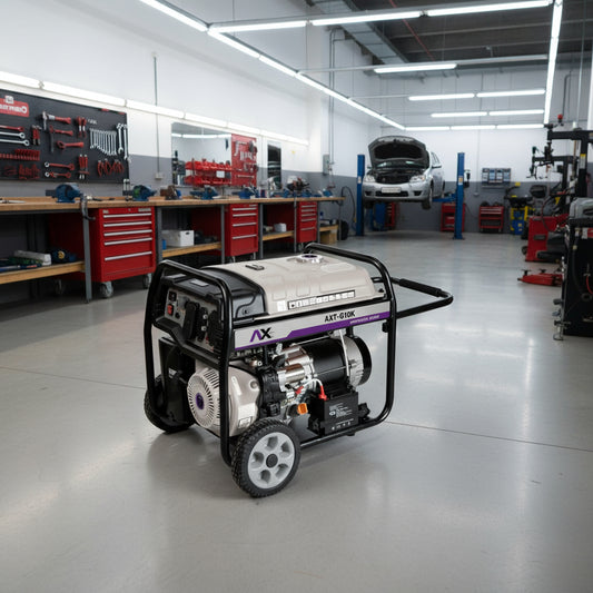 Generador portátil AX Tech AXT-G10K con motor 16 HP y salida doble 110/220V. Potencia continua de 9000W con regulación AVR para herramientas eléctricas.