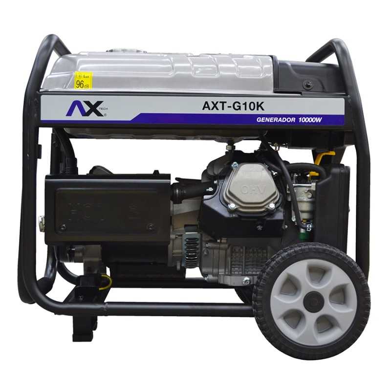 Generador AX Tech AXT-G10K con motor 455cc enfriado por aire, doble voltaje 110/220V y potencia real de 10000W para uso industrial.