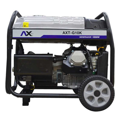 Generador AX Tech AXT-G10K con motor 455cc enfriado por aire, doble voltaje 110/220V y potencia real de 10000W para uso industrial.