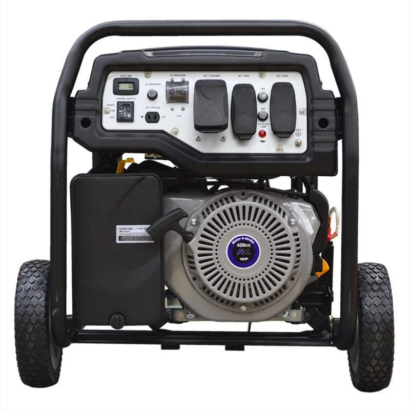 Tablero de control del generador AX Tech AXT-G10K con salidas 110V/220V, medidor de voltaje, térmico individual y arranque eléctrico.
