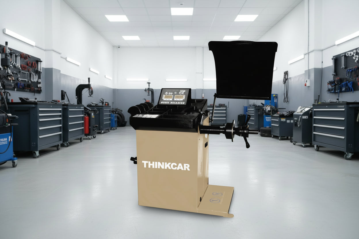 Balanceadora automática THINKCAR TWB 611 con láser y bloqueo electromagnético instalada en taller automotriz profesional
