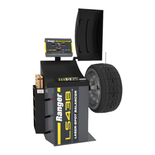Balanceadora de llantas BendPak Ranger LS43B con sistema láser 3D Laser-Spot y entrada automática Quick-Touch para balanceo de alta precisión en talleres profesionales.