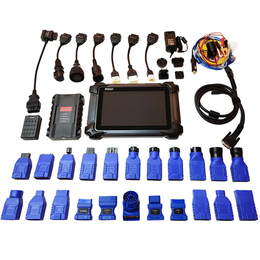 Kit completo FCAR F7S-G con tablet, módulo VCI y adaptadores para diagnóstico profesional multimarca en camiones, buses y maquinaria pesada.