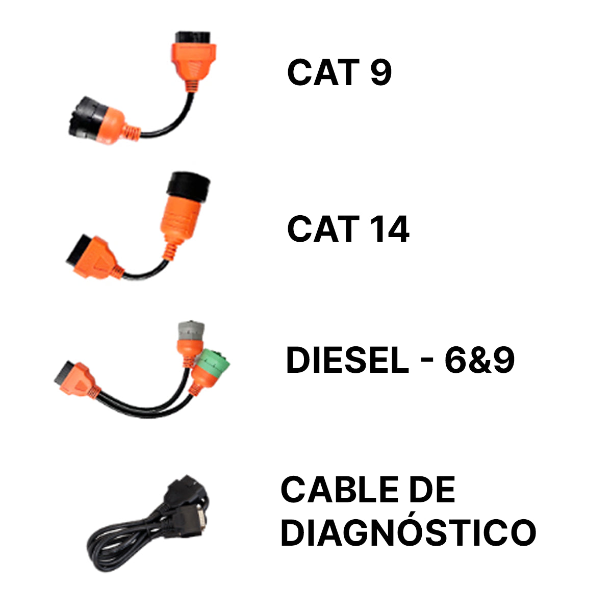 Cables y accesorios del Foxwell i50HD: conectores CAT 9, CAT 14, Diesel 6&9 y cable de diagnóstico OBDII. Incluidos para ampliar la cobertura de camiones y vehículos pesados.