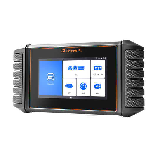 Foxwell i50HD escáner profesional para camiones y autobuses diésel, pantalla táctil de 5.5" con Android 9.0 y funciones avanzadas de diagnóstico pesado como DPF, ABS y corte de inyectores.