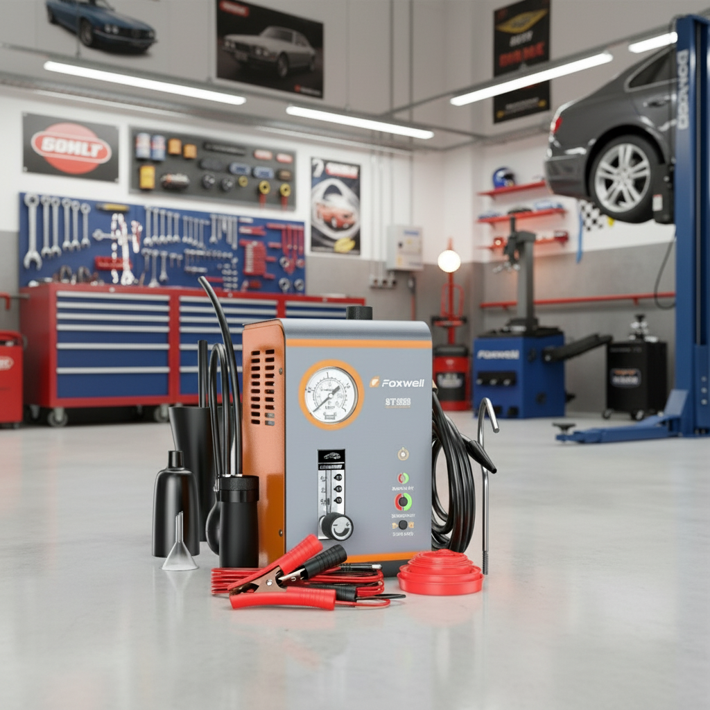 Detector de fugas de humo Foxwell SD203 en taller automotriz para localizar fugas en EVAP, admisión y escape.