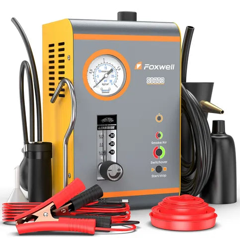 Detector de fugas Foxwell SD203 con mangueras, tapones y adaptadores para pruebas de fugas en EVAP, admisión, escape y turbo.