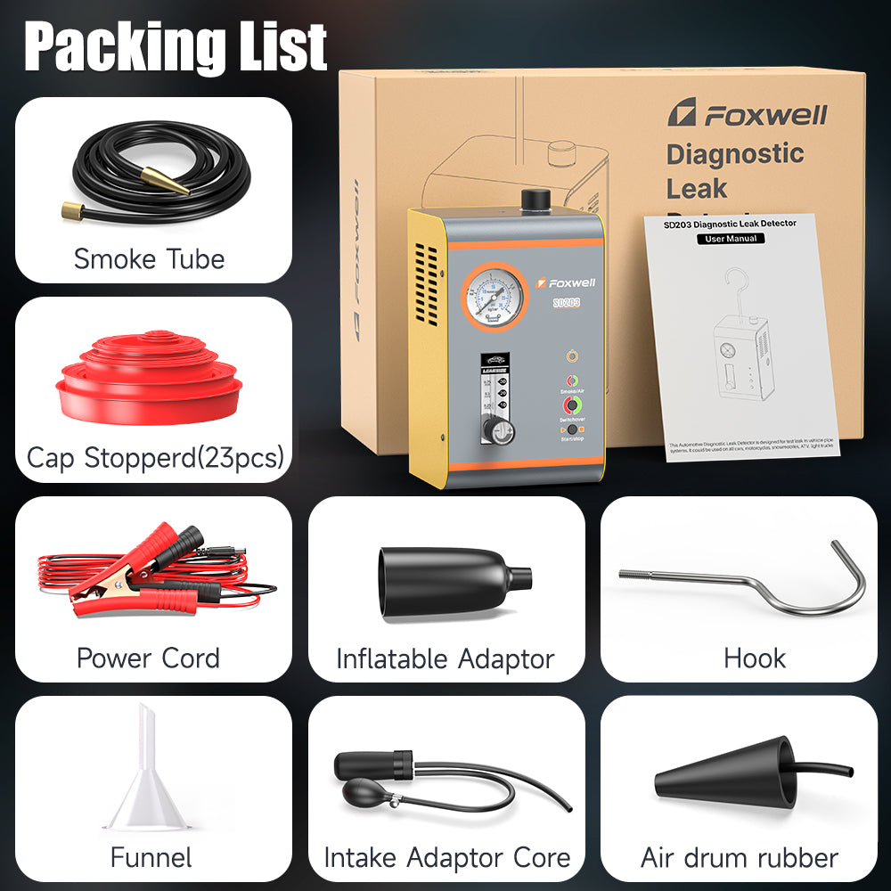 Máquina de humo automotriz Foxwell SD203 con accesorios incluidos, tapones, adaptadores y manguera para diagnóstico EVAP y admisión.