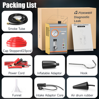 Máquina de humo automotriz Foxwell SD203 con accesorios incluidos, tapones, adaptadores y manguera para diagnóstico EVAP y admisión.