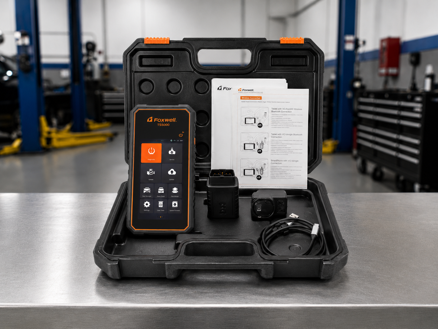 Foxwell TS5000 scanner TPMS en taller con maleta y accesorios para programar sensores de presión de neumáticos Foxwell