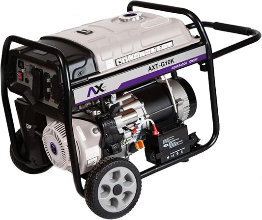 Generador a gasolina AX Tech AXT-G10K de 10000W con arranque eléctrico y chasis portátil para taller mecánico y uso profesional.