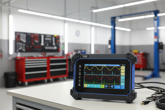 Osciloscopio automotriz portátil Hantek serie TO sobre banco de trabajo en taller, pantalla táctil mostrando formas de onda para diagnóstico eléctrico