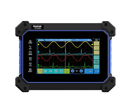 Vista frontal del osciloscopio portátil Hantek serie TO 2 canales 110 MHz con pantalla táctil, 250 MSa/s, memoria 8M y multímetro integrado