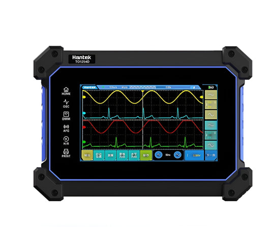 Vista frontal del osciloscopio portátil Hantek serie TO 2 canales 110 MHz con pantalla táctil, 250 MSa/s, memoria 8M y multímetro integrado