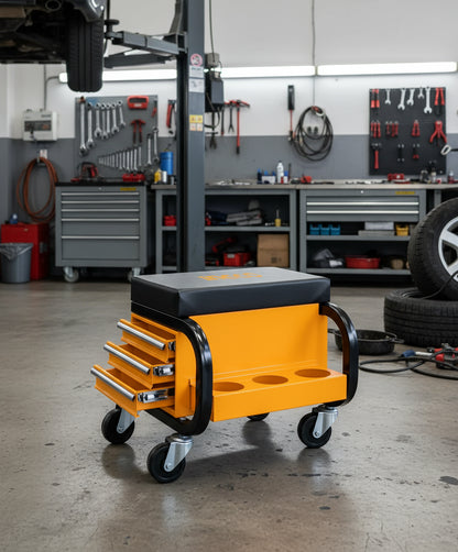 Banco mecánico Ingco HCS103 con tres cajones, bandeja lateral y capacidad de carga de 110 kg para mecánicos y talleres.