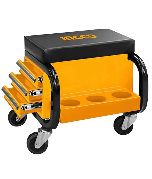 Banco mecánico Ingco HCS103 con ruedas, asiento acolchado y 3 cajones porta herramientas para taller automotriz.