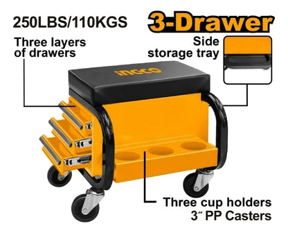Banco mecánico Ingco HCS103 en uso dentro de taller automotriz, diseño con ruedas giratorias y estructura metálica resistente.