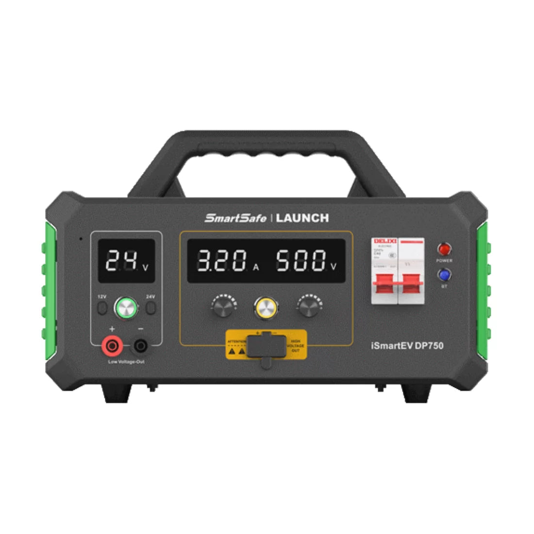 iSmartEV DP750 fuente digital ajustable 12V 24V y 250-750V con doble salida aislada y protección inteligente para pruebas en taller automotriz.
