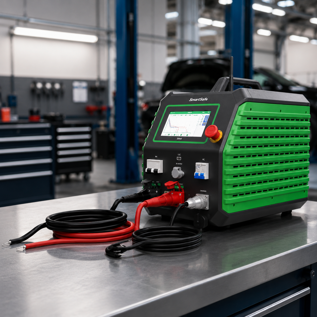 iSmartEV EP401 en taller EV para mantenimiento de baterías de vehículos eléctricos, prueba de carga y descarga, evaluación SOC SOH y diagnóstico de módulos