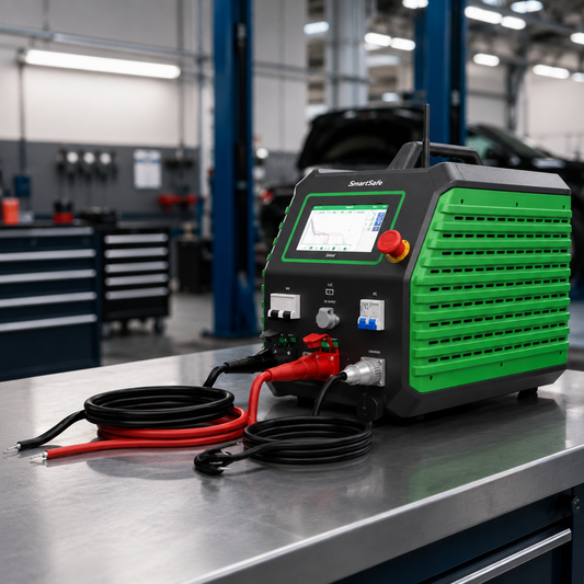 iSmartEV EP401 en taller EV para mantenimiento de baterías de vehículos eléctricos, prueba de carga y descarga, evaluación SOC SOH y diagnóstico de módulos
