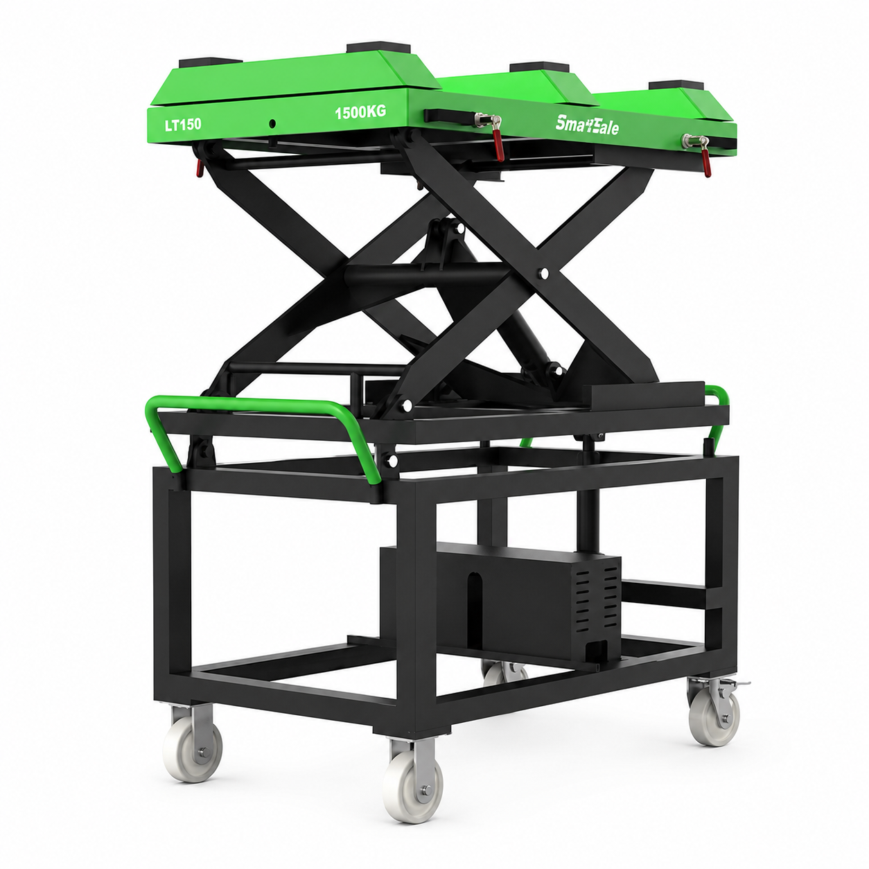 iSmartEV LT150 plataforma elevadora de baterías para vehículos eléctricos con capacidad de 1500 kg, doble cilindro y ruedas móviles para servicio EV