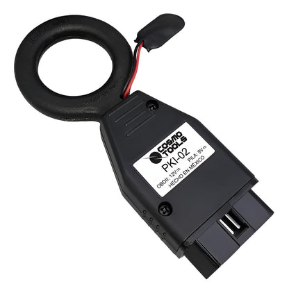 Vista trasera del Javaz PKI-02 probador OBD2 Línea K con etiqueta de modelo y conector 16 pines