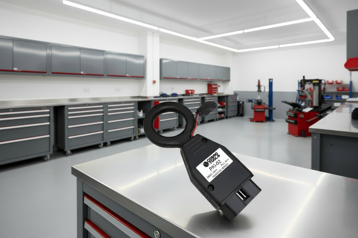 Javaz PKI-02 probador Línea K y antena de inmovilizador sobre mesa en taller automotriz