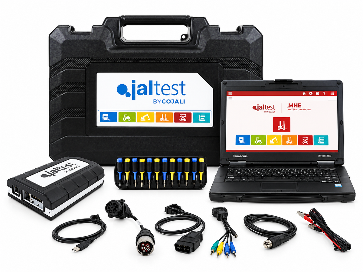 Kit Jaltest MHE para diagnóstico multimarca de montacargas, plataformas elevadoras y equipos de manejo de materiales con laptop, interfaz y adaptadores
