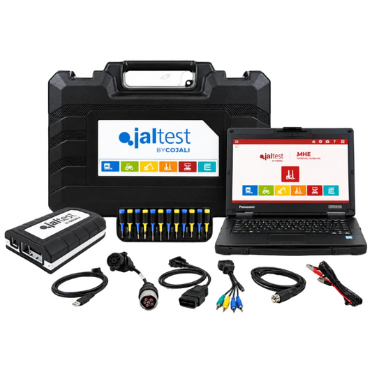 Kit Jaltest MHE para diagnóstico multimarca de montacargas, plataformas elevadoras y equipos de manejo de materiales con laptop, interfaz y adaptadores
