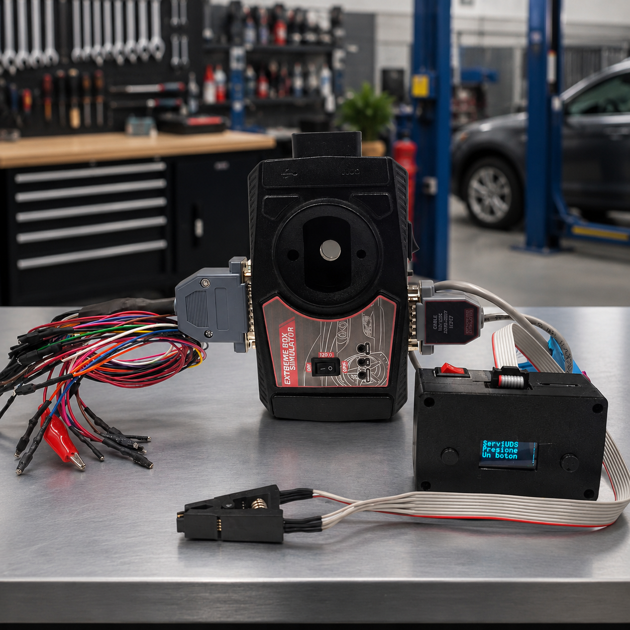 Kit Servi UDS y Extreme Box en taller automotriz para programación de llaves, trabajo con módulos UDS, sistemas NEC, ECU e inmovilizador automotriz
