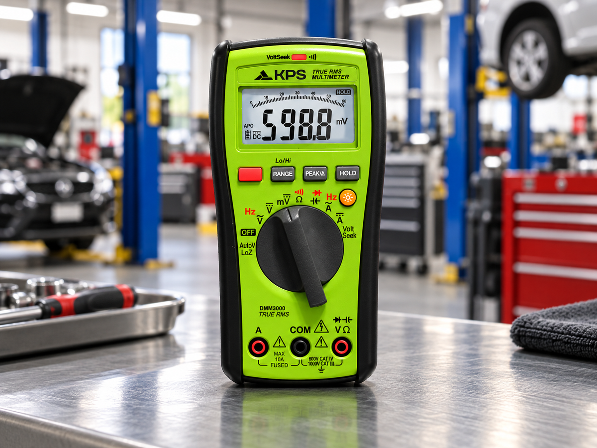 Multímetro digital KPS DMM3000 TRMS para diagnóstico eléctrico automotriz con LoZ, VoltSeek, medición hasta 1000 V y corriente hasta 10 A