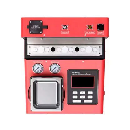 Vista superior del Launch CNC605A mostrando manómetros de presión, tina ultrasónica de acero y panel de control electrónico con botones de operación para pruebas completas de inyectores.