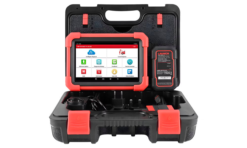 Kit completo del Launch Creader Professional 919 MAX, incluye tablet Android 10 de 7 pulgadas, módulo OBD2 con Bluetooth y maletín de transporte, ideal para diagnósticos multimarca profesionales.