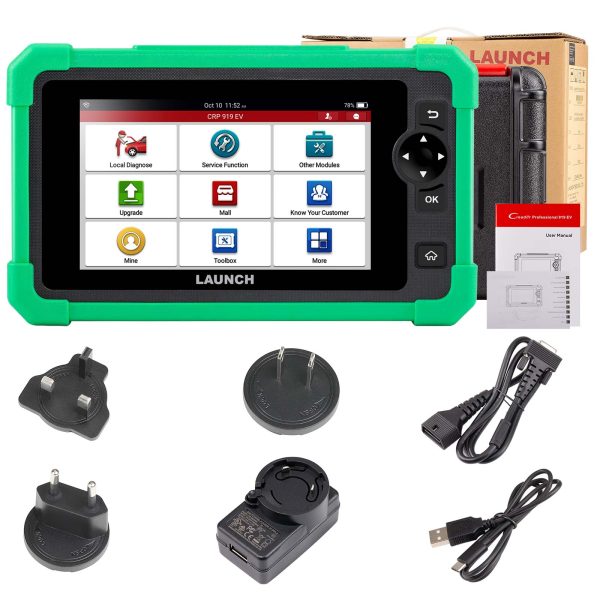 Kit completo del escáner automotriz Launch CRP919 EV con accesorios, cargadores y adaptadores para diagnóstico profesional multimarca y EV/HEV.