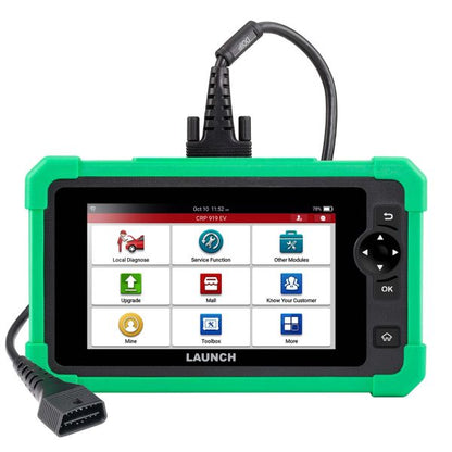 Escáner automotriz Launch CRP919 EV conectado por cable OBD2 para diagnóstico avanzado, pruebas activas y lectura de datos en vivo.