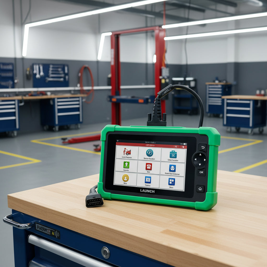Escáner automotriz Launch CRP919 EV conectado por OBD2 en taller profesional para diagnóstico multimarca y vehículos eléctricos.