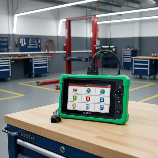 Escáner automotriz Launch CRP919 EV conectado por OBD2 en taller profesional para diagnóstico multimarca y vehículos eléctricos.