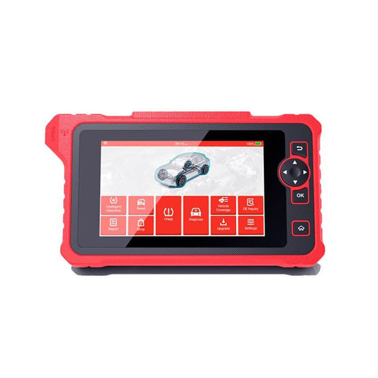 Escáner TPMS profesional Launch CRT-711 con pantalla táctil de 7 pulgadas, interfaz Android y menú principal para diagnóstico y programación de sensores.