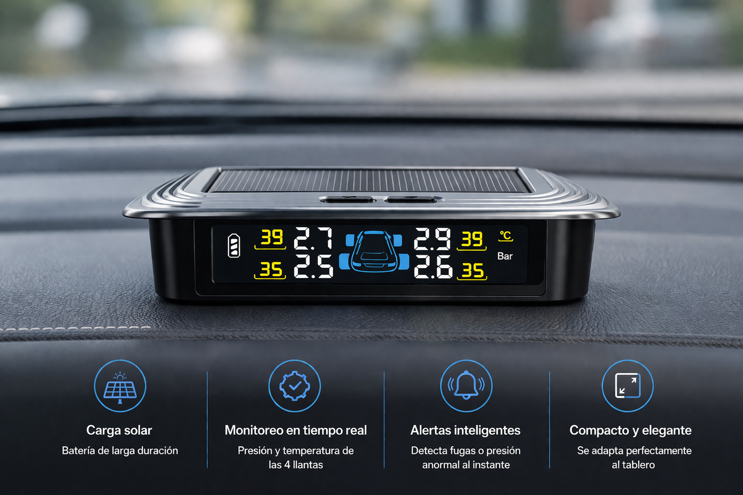 LAUNCH CRT100 monitor TPMS solar en tablero con lectura en tiempo real de presión y temperatura de las 4 llantas, con alertas inteligentes por presión anormal o fuga