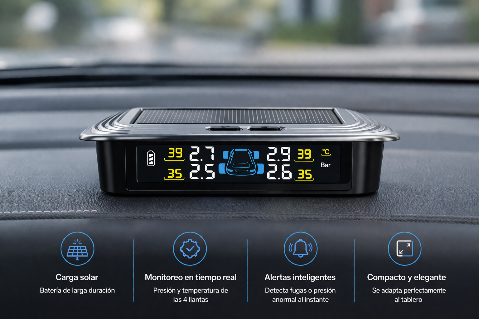 LAUNCH CRT100 monitor TPMS solar en tablero con lectura en tiempo real de presión y temperatura de las 4 llantas, con alertas inteligentes por presión anormal o fuga