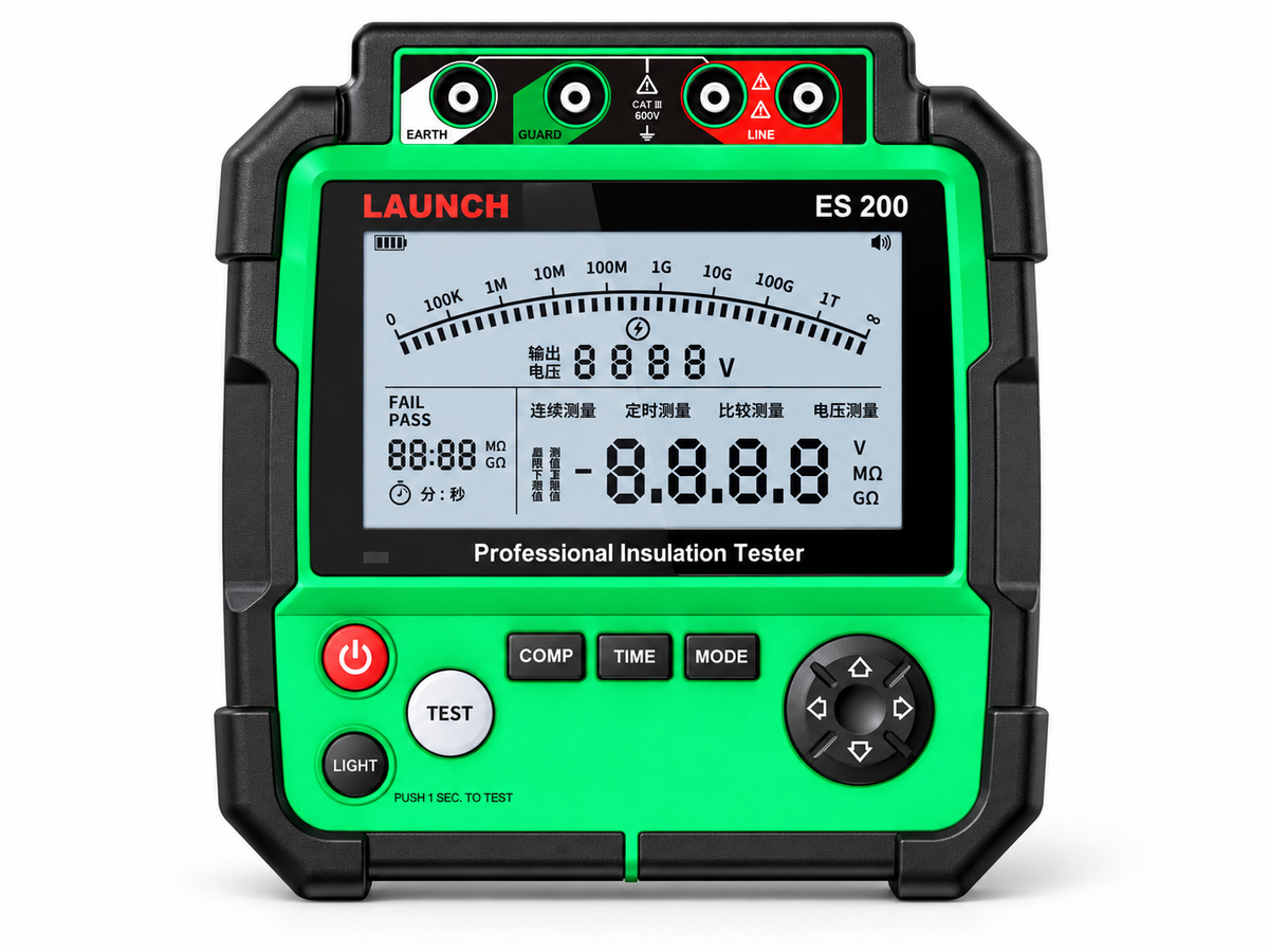 LAUNCH ES200 probador de aislamiento EV tipo megóhmetro con medición hasta 1000 GΩ, voltajes de prueba de 500 a 5000 V y medición CA CC