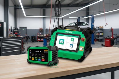 LAUNCH EVB624 ecualizador inalámbrico de celdas EV en banco de trabajo de taller con módulo conectado