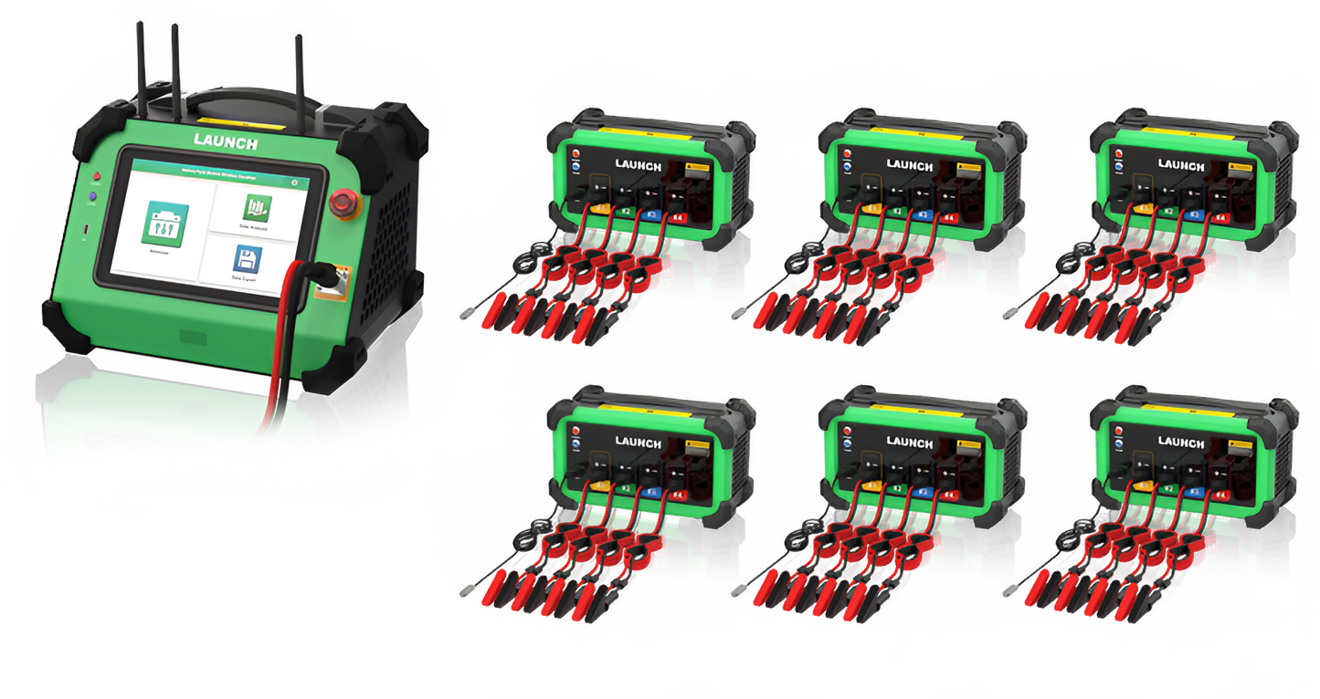 Sistema completo LAUNCH EVB624 con múltiples módulos inalámbricos para ecualización de baterías EV hasta 24 canales