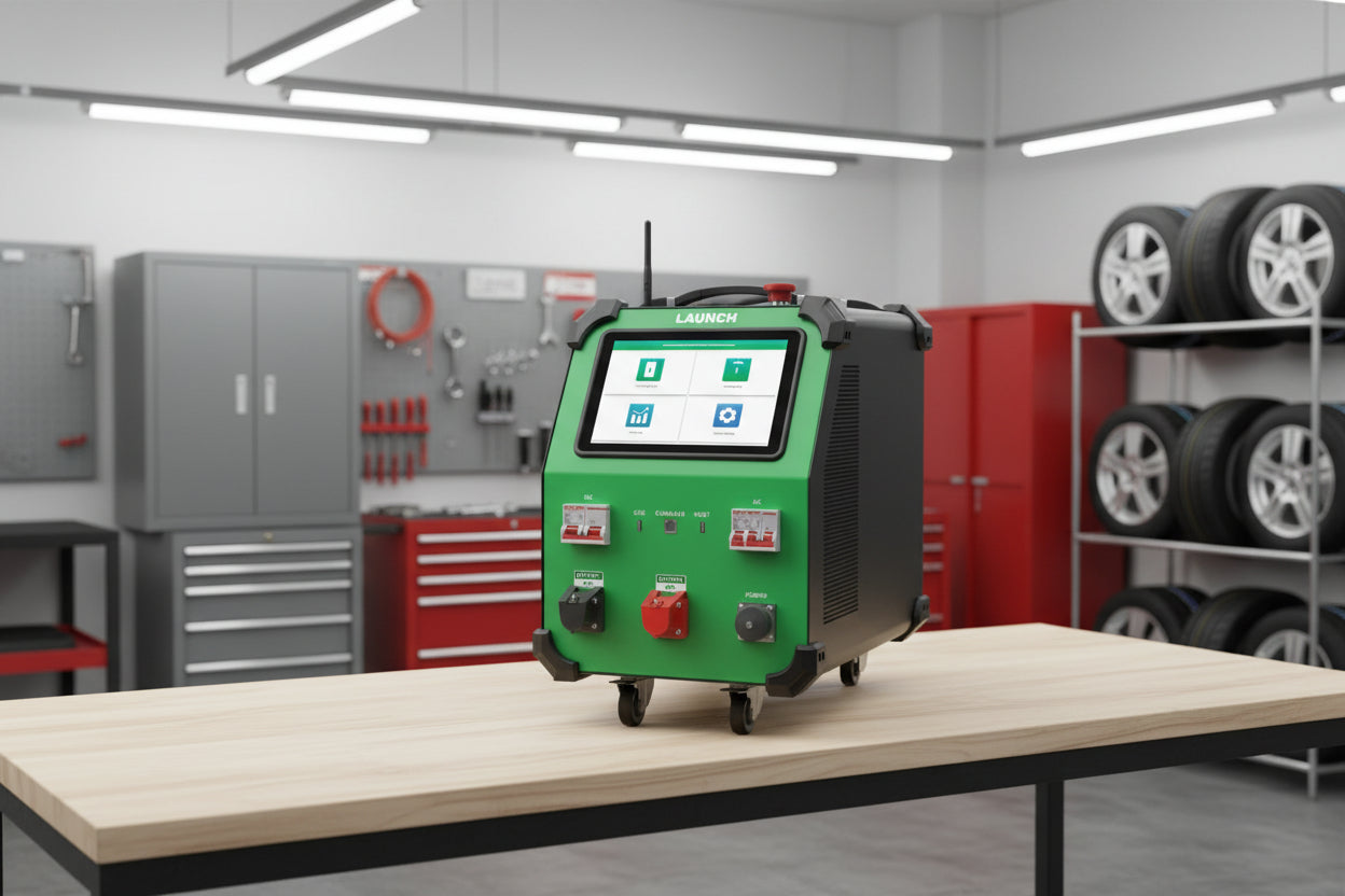 Equipo LAUNCH EVP711 de carga y descarga para módulos de batería EV instalado en taller automotriz para pruebas profesionales de baterías de litio