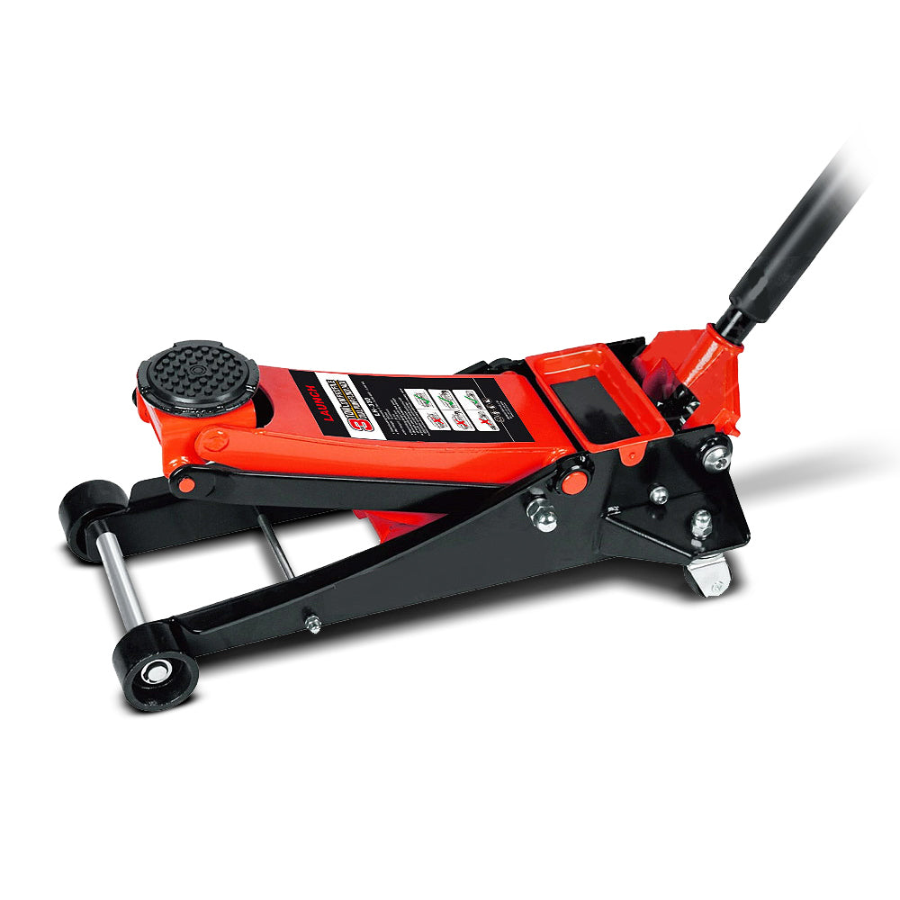 Launch LH330 gato hidráulico de perfil bajo tipo patín con capacidad de 3 toneladas. Elevación mínima de 85 mm y máxima de 500 mm, doble pistón para elevación rápida y sistema de bajada suave y controlada.