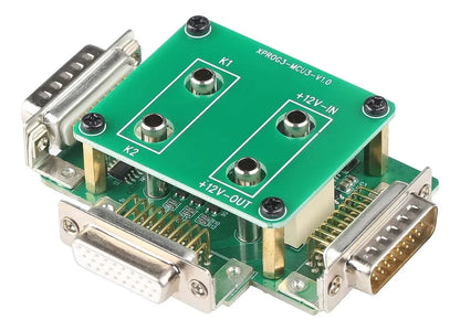 Vista de detalle de la placa adaptadora LAUNCH MCU3 para X-PROG3 GIII con conectores y terminales para funciones IMMO, ECU y TCU